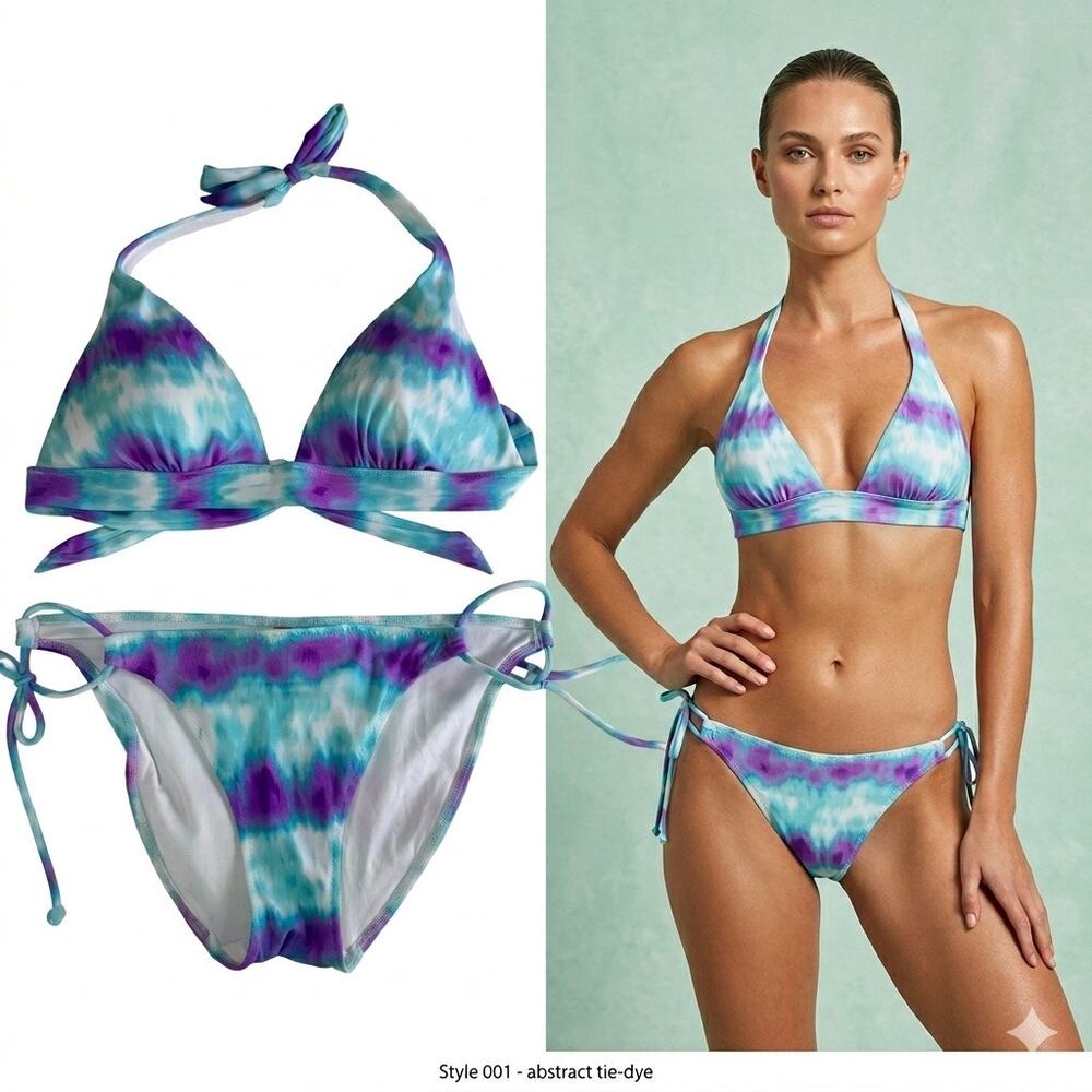 Victoria's Secret Small Tie Dye Halter Padded Bikini Set Purple Teal Abstract